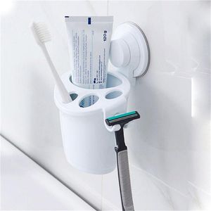 plastik fincan kancaları toptan satış-Kancalar Raylar İşlevli Beyaz Plastik Diş Fırçası Tutucu Emme Duvar Tipi Banyo Ücretsiz Delme Asılı Bardak Raf