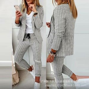 Women s Two Piece Pants Plaid Suit Women Autumn Winter Light Gray Slim Lapel Sets