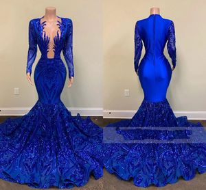 Royal Blue Mermaid Prom Dresses Sparkly Shiny Lace Sequins Long Sleeve Sexy Black Girls African Trumpet Evening Celebrity Gown