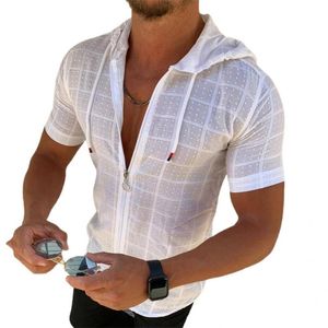 удобные клетчатые рубашки оптовых-Мужские футболки Одежда Простая молния клетчатая печать летняя футболка мягкая с капюшоном Drawstring для фитнеса