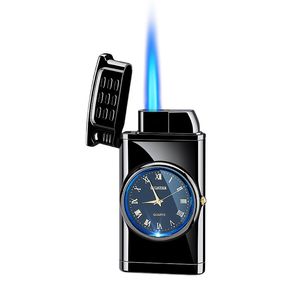 Creative Stylish Design Real Clock Watch Torch Jet Lighter Proste Niebieski Płomień LED Cool Lighting Praktyczny Metal Lżejszy Płyta Dial Płyta Mężczyźni