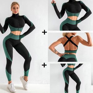 Wholesale sport sets for women resale online - 3pcs Women Seamless Gym Set Yoga Clothes Bra Suits Clothing Female Fitness Sport Long Sleeve Suit Running