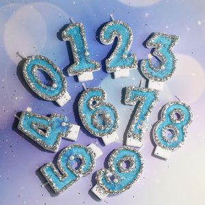 velas lembrança para casamento venda por atacado-Velas Sonho Azul Lantejoula Snowflake Número Bolo Topper Decoração Decoração Crianças Aniversário Casamento Festa de Casamento Suprimentos