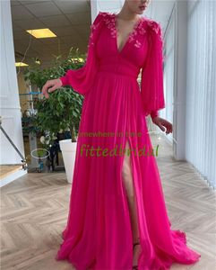 Nowy Bright Różowy Szyfonowy Prom Dresses Długie Rękawy Puffowe V Neck Slit Drugie Suknie Wieczorowe z d Kwiatami motylkowymi