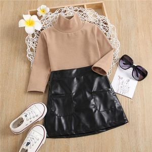 Clothing Sets Sweet Style Little Girls Outfit Spring Fall Solid Color Long Sleeve Turtleneck Tops Pocket PU Leather Skirt Months Yea