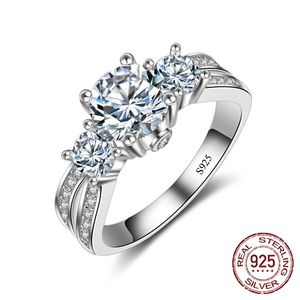 925 Sterling Silver Ring Handgjorda Tre Stone Zircon Stone Kvinnor Engagemang Bröllop Mode Smycken J