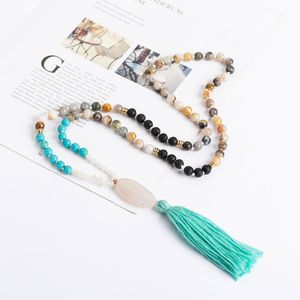 Fashion Bo Tribal Lava Stone Natural Tassel Hängsmycke Halsband för Kvinnor Lång Etnisk Partihandel Beaded Party Gift Smycken Halsband