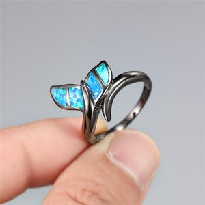Wedding Rings Cute Female Fish Tail Thin For Women Vintage KT Black Gold Ring Bride Blue Opal Stone Engagement