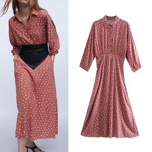elastik kemer elbisesi toptan satış-Günlük Elbiseler Polka Dot Gömlek Elbise Kadın Yaka Yaka Uzun Kollu Kadınlar Geri Elastik Kemer Moda MIDI