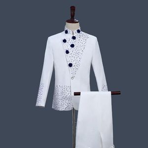 Męskie garnitury Blazers chiński garnitur tunikowy w stylu retro biały z niebieskimi dżetów kurtka proste spodnie sztuki zestaw stojak kołnierz płaszcz TRUSE