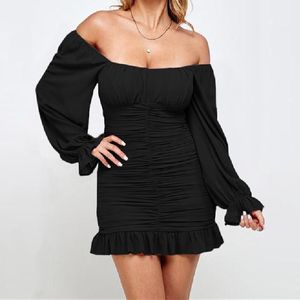 Casual Dresses Sexy Off Shoulder Mini Dress Long Sleeve Solid Color Slash Collar Backless Wild Female Stylish Ruffle Hem Ruched