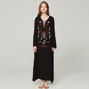 Casual Dresses GiseleLee Store Bohemian Totem Embroidered Deep V Neck Long Sleeve Dress Slit
