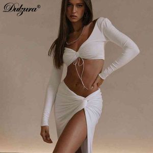 Wholesale sexy work outfits for sale - Group buy Work Dresses Dulzura Summer Women White Piece Long Sleeve Drawstring Crop Top High Slit Midi Skirt Set Sexy Party Elegant Club Outfit
