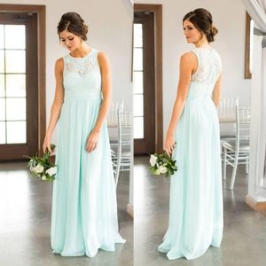2021 Mint Green Lace Country Bridesmaids Dresses Long Sheer Jewel Neck Chiffon Wedding Guest Dress Floor Length Cheap Maid Of Honor Gowns