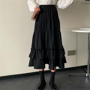 Vintage High Paisted Spódnica Kobiety Wiosna Jesień Nastolatki Szkolne Dziewczyny Filla Plisowane Ruffles Patchwork Długie Midi Black Gots Spódnice