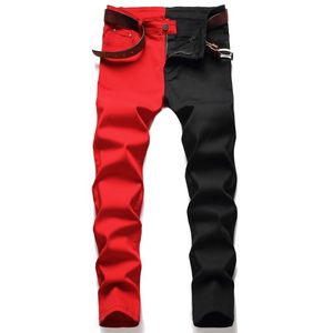 Men s Jeans Denim Stitching Fashion Trend Micro elastic Hip Hop Red Black
