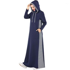 Casual Jurken Dubai Arabische Hooded Trainingspak Lange Jurk Dames Moslim Streep Sport Jogging Maxi Walk Wear Side Pockets Islamitische Kleding1