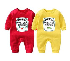 gelbe baby-outfits großhandel-Ysculbutol baby bodysuit yummz tomate ketchup senf rote gelbe twins set jungen mädchen kleidung twins baby outfits