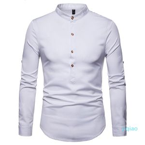 Luxury Rolled Up Sleeve T shirt Män Höst Stativ Krage Mens Klänningskjortor Chemise Homme Henry Tops Camiseta Mäns Casual