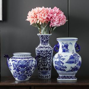 Wazony ręcznie malowane ceramiczne wazon chiński vintage duży niebieski i biały porcelana suszony kwiat z uchwytem domu dekoracji nowoczesne
