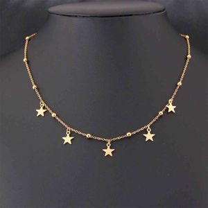 New Fashing Non Fade And Rust Stainless Steel Bead Chain Star Gold Necklace Pendants Women Choker Femme Neck Jewelry Gifts H1125