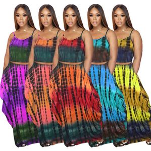 Wholesale women s tank top dress resale online - Women tie dyed two piece dress Summer tank top maxi dresses pieces sets plus size S XL outfits trendy tracksuits sleeveless colorful Tees D518