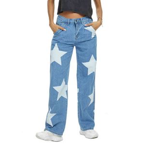 Hot Selling Ladies Fashion Loose Print Stars Denim Pants Zipper Fly Large Straight Women Jeans