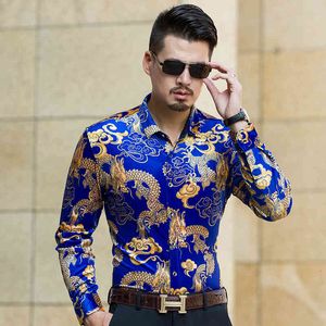 camisa do colar do ouro venda por atacado-Homens t shirts outono ouro veludo homens china dragão camisa camisa de colarinho de manga longa modela vestido masculino g16a