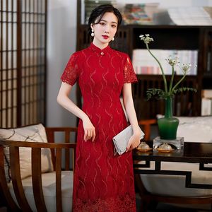 Wholesale sexy elegant red gown for sale - Group buy Ethnic Clothing Red Lace Short Sleeve Sexy Cheongsam Female Floral Party Prom Dress Gown Chinese Mandarin Collar Qipao Elegant Mid Vestidos