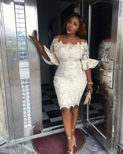 Little White Prom Dresses Aso Ebi Mermaid Evening Short Party Gowns Off Shoulder Ful Lace Plus Size Formal