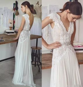 Backless Light Chiffon Bröllopsklänningar Lace Apliques Cap Sleeves Sexig V Neckline med kristaller Midja Brudklänningar Brudklänning