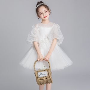 Flickor vit sommar ny mode piano fluffig garn prinsessa bröllopsklänning blomma barnens halv kjol