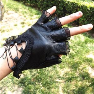 Wholesale ladies lace gloves resale online - Five Fingers Gloves Women Glove Black Lace Leather Half Finger Fashion Dance Show Driving Ladies Mittens
