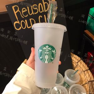 Ingrosso Starbucks 24 once / 710ml tumbler in plastica riutilizzabile trasparente bere fondo piatto piatto tazza pilastro forma coperchio tazza di paglia BARDICE 5PCS