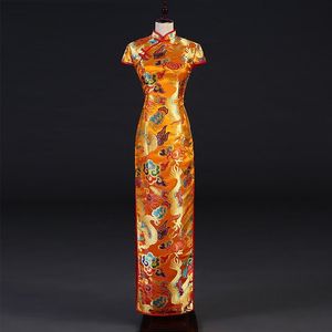 Etnische kleding verbeterde Chinese traditionele cheongsam avondjurk vrouwelijke lange kostuums Dragon toga catwalk bruiloft brocade zijde qipa