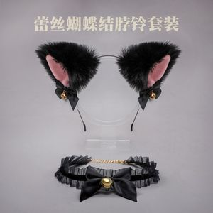 cat ears for hair venda por atacado-Acessórios Handmade lolita fox gato orelha cabelo aro lace bow sino colar conjunto