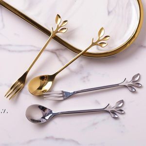 Wholesale spoon fork silver for sale - Group buy Creative Stainless Steel Leaf Coffee Stirring Dessert Spoon Fruit Fork Pick Gold and Silver Two Colors Optional RRF11183