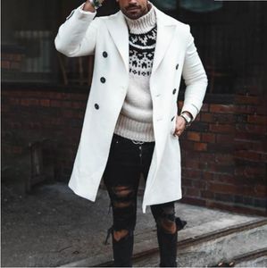 Mäns Trench Coats Double Breasted Long Winter Coat för Mens Vit Överrockar Stor Storlek Fashion Wool Gentleman Jackor Trendy Slim
