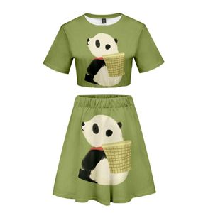 Damska koszulka Top i Spódnica Zestaw Kobiety Dwa Kawałki Crop Top Spódnica Moda Streetwear Drukuj Cute Panda Damska Sukienka z krótkim rękawem