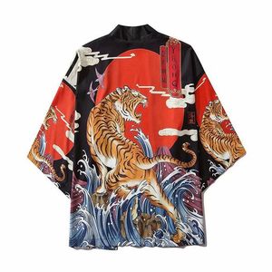 rote krähe großhandel-Ethnische kleidung geskeey est kimonos japanische krähe druck scheinwarze yukata haori harajuku kimono robe cardigan männer und dame rot asiatische kleidung