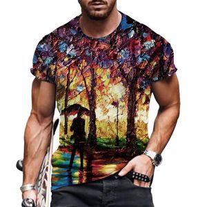 メンズTシャツ2021夏大型油絵画像3Dデジタル印刷ルーズTシャツプルオーバーラウンドネック半袖