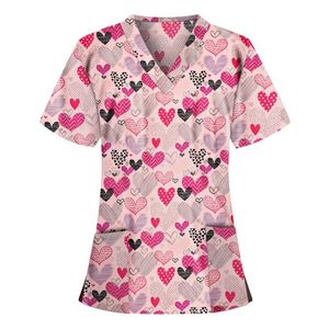 Koszulka damska Plus Size Kobiety Love Print Pielęgniarstwo Topy T Koszulka Casual Mundury z krótkim rękawem Kieszonkowe ubrania Blusas