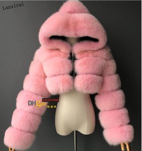 High Quality Furry Cropped Faux Coats and Jackets Women Fluffy Top Coat with Hooded Winter Fur Jacket