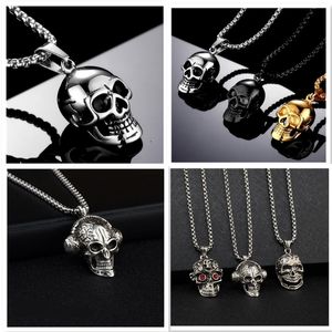 Punk Stainless Steel Skull Chain Pendant Necklace Vintage Gold Silvery Black Color Hip Hop Statement Necklaces For Men Women Skeleton Jewelry