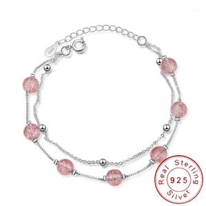 Wholesale real stones bracelets resale online - Real Pure Sterling Silver Natural Pink Stone Strawberry Quartz Bracelet Beads Multi Layer Braslet Woman Lucky Charms SB011 Bangle