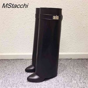 Brand Design Shark Lock Women Boots Sexy Slip on Knee High For Woman Motorcycle Botas Mujer Genuine Leather Wedge Shoes