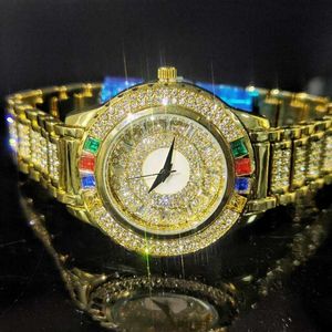 партийные часы для женщины оптовых-Наручные часы Missfox Rainbow Diamond Woman Watch Watch Gold Round Кварц Blinging Luxuoso Часы Женщины Hiphop Party Relógio Феминино Мода
