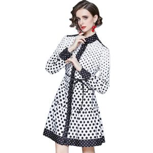 Spring Women Long Shirt Sleeve Stand Neck Dress Polka Dot Lace Up Belt Buttons Aline Dresses Elegant Slim Office Lady Clothes Casual