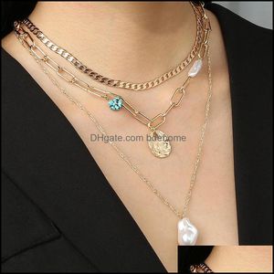 Pendant Necklaces Pendants Jewelry Fashion Mti Layer Simation Pearl Turquoise Hollow Chunky Cuban Chain Necklace For Women Drop Delivery