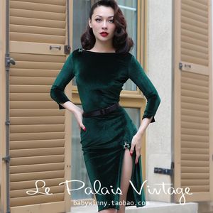 vintage pinup wiggle dress оптовых-Повседневные платья Женщины Vintage S бархатная лодка шеи сексуальное платье карандашом в зеленом Pinup Vestidos плюс размер Jurken Robe
